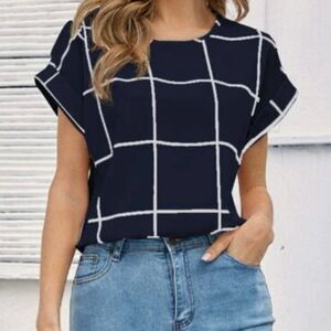 Plaid Pattern Rolled Cuff Short Sleeve Shirt Navy Blue Blouse Top SIZE LARGE